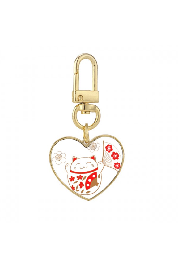 Lucky Fortune Cat Flower Fan Japan Gold Heart Keychain Metal Keyring Holder