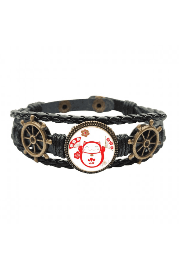 Lucky Fortune Cat Flower Fan Japan Leather Braided Ocean Bracelet Wristband