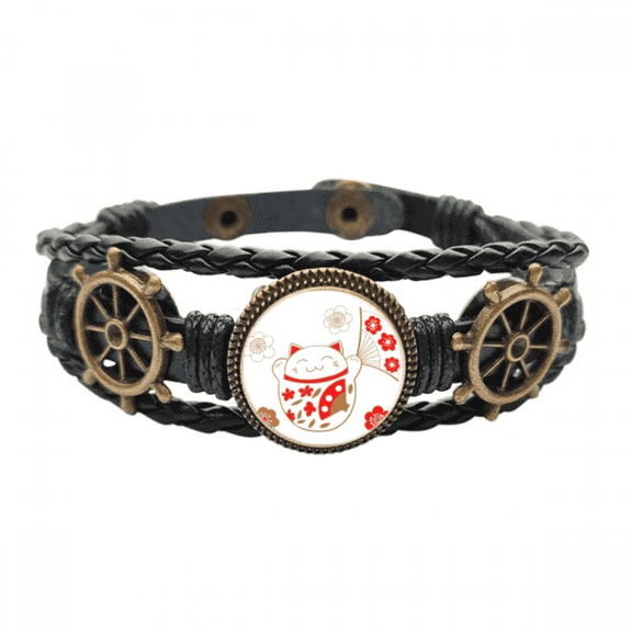 Lucky Fortune Cat Flower Fan Japan Leather Braided Ocean Bracelet Wristband