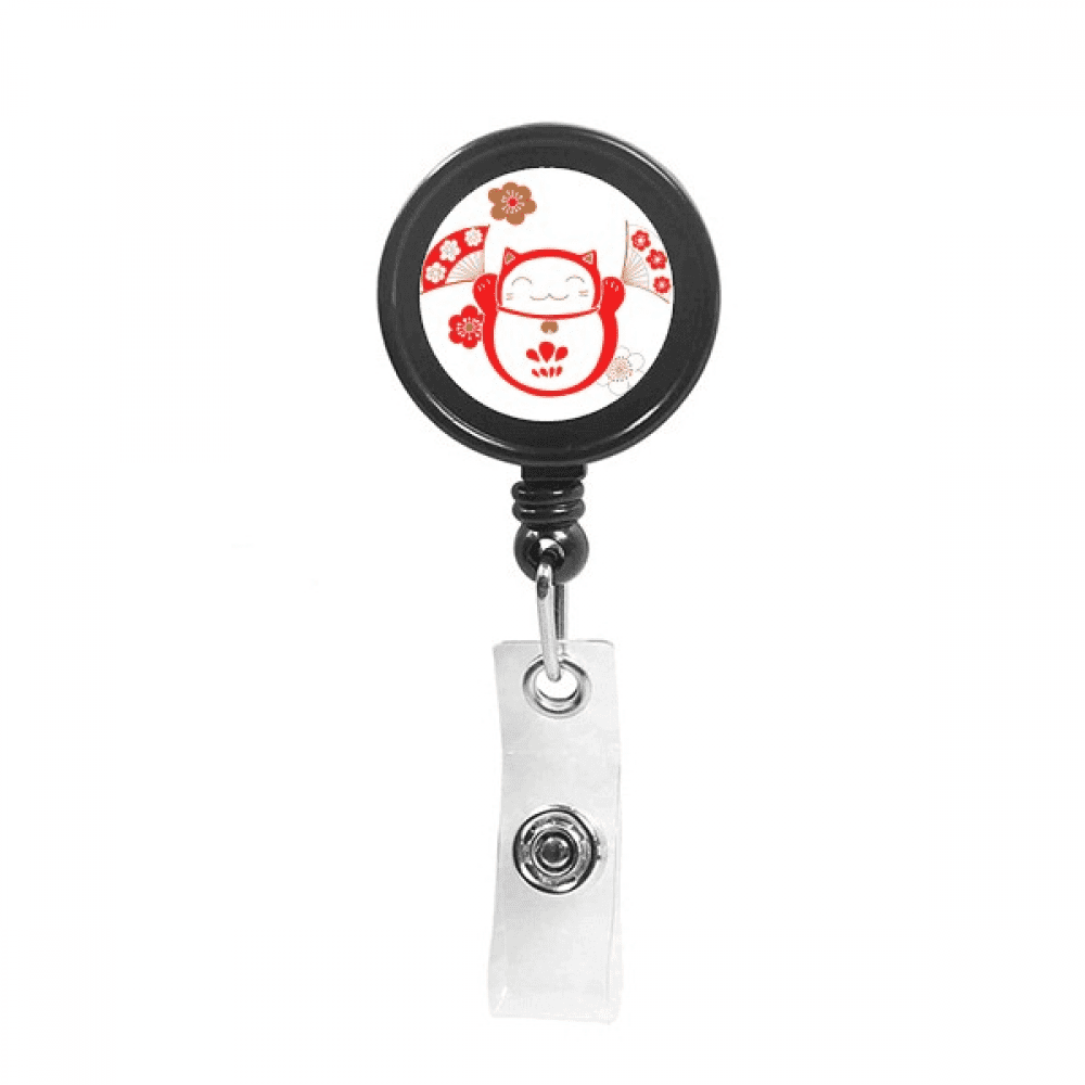 Lucky Fortune Cat Flower Fan Japan Retractable Keychain Badge Holder ID Badge