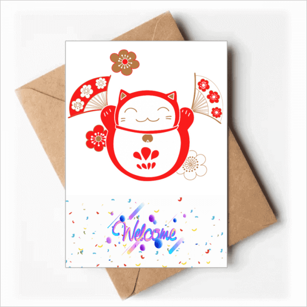 Lucky Fortune Cat Flower Fan Japan Welcome Back Greeting Cards Envelopes Blank