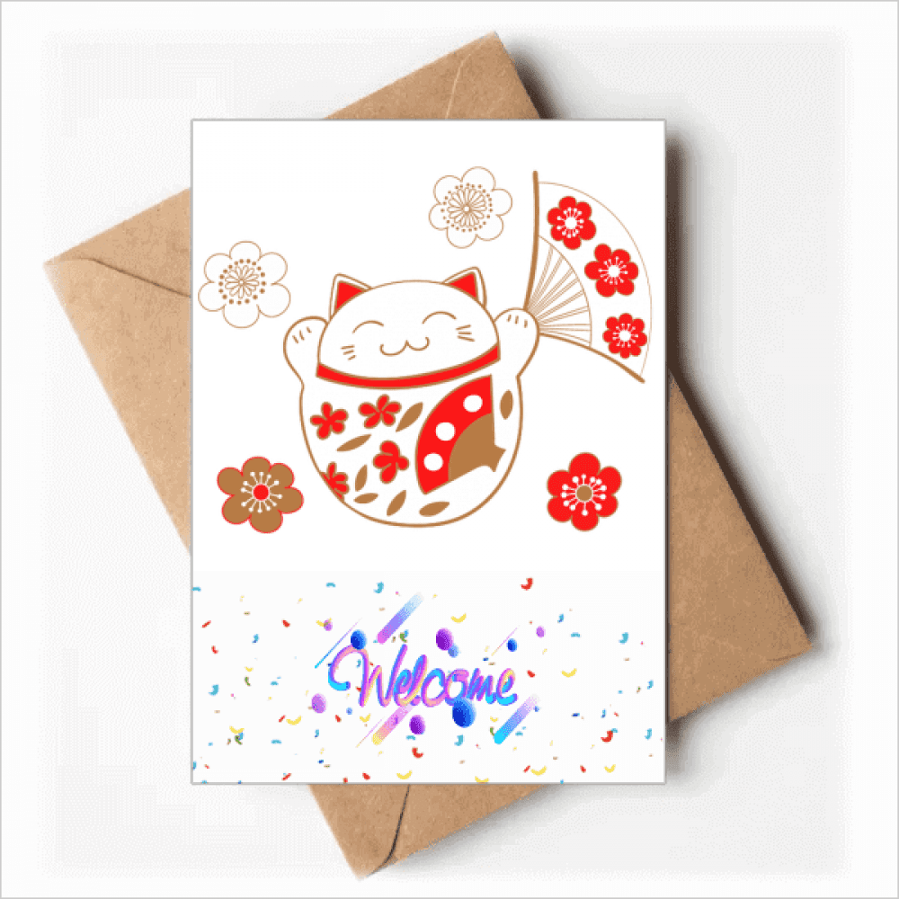 Lucky Fortune Cat Flower Fan Japan Welcome Back Greeting Cards Envelopes Blank