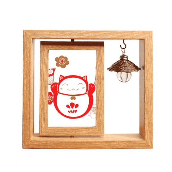 Lucky Fortune Cat Flower Fan Japan Wooden Rotating Picture Photo Frame 4x6