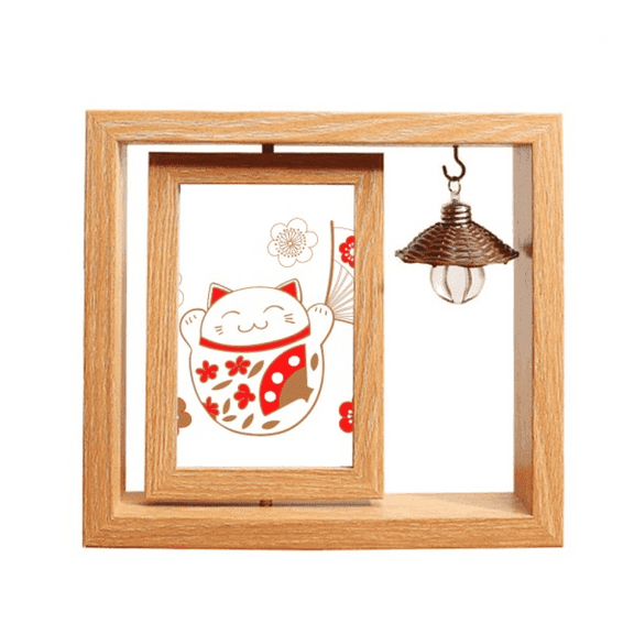 Lucky Fortune Cat Flower Fan Japan Wooden Rotating Picture Photo Frame 4x6