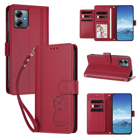 Lucky Four Leaf Clover Embossed PU Leather Wallet Case for Motorola Moto G Play 2025 / G Power 2025 / G Power 2026, 9 Card Slots 1 Cash Pocket Dual Magnetic Flip Kickstand Shockproof Phone Cover