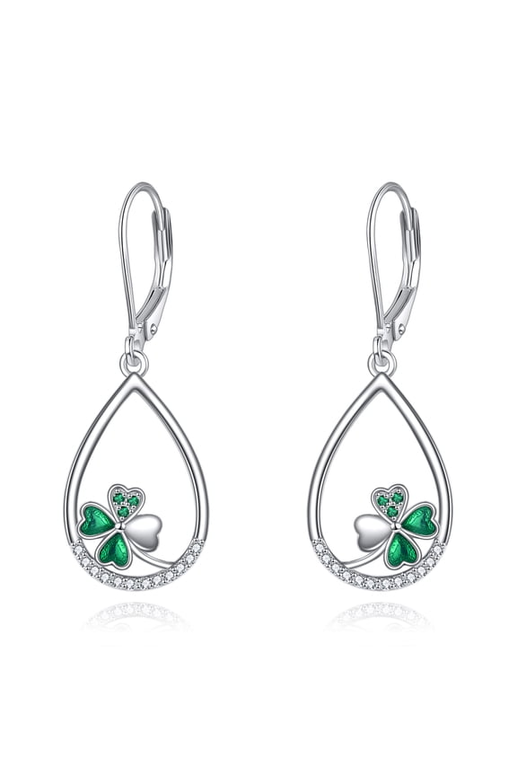 Lucky Four Leaf Clover Flower Leaf Drop Dangle Earrings Sterling Silver Green Jewelry Birthday Gift for Her Women
