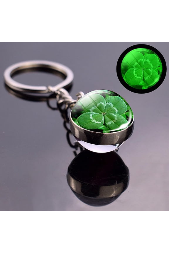 Lucky Four Leaf Clover Keychain Green, Double Sided Glass Ball Noctilucent Pendant & Durable Metal Keyring for Car & House Keys, Good Luck Charm Gift