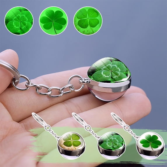 Lucky Four Leaf Clover Keychain Green, Double Sided Glass Ball Noctilucent Pendant & Durable Metal Keyring for Car & House Keys, Good Luck Charm Gift