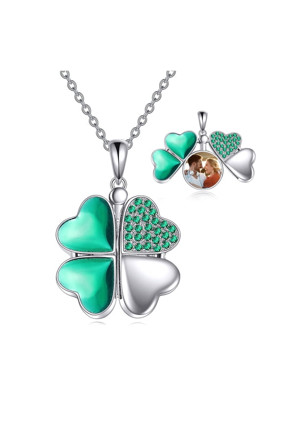 Lucky Four Leaf Clover Picture Photo Locket Pendant Necklace that Holds Pictures for Women Sterling Silver Memorial Birthday Jewelry Gifts