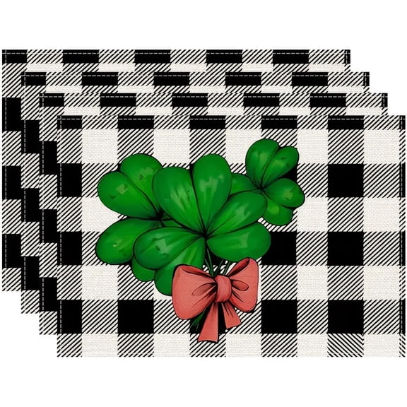 Lucky Four Leaf Clover Place Mats,Jade Green St.Patrick's Day Placemats 12x18 Inch Set of 4,Buffalo Plaid Table Mats,Rustic Leaf Waterproof Placemats