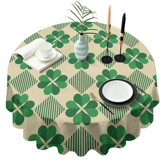 Lucky Four Leaf Clover Round Table Cloth,Wrinkle Resistant Table Cover with Polyester,Waterproof Reusable Tableclothes for Easter Birthday Picnic Wedding (Round,60x60inch)