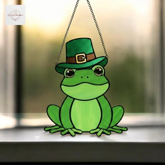 Lucky Frog Green Hat Acrylic Suncatcher Window Hanging St Patricks Day Irish Decor