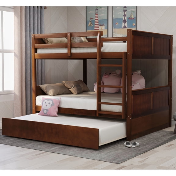 Lucky Furniture Full Over Full Bunk Bed with Trundle, Solid Wood, Walnut Finish - Split Design, Twin Trundle, No Box Spring Needed, 79.5"L