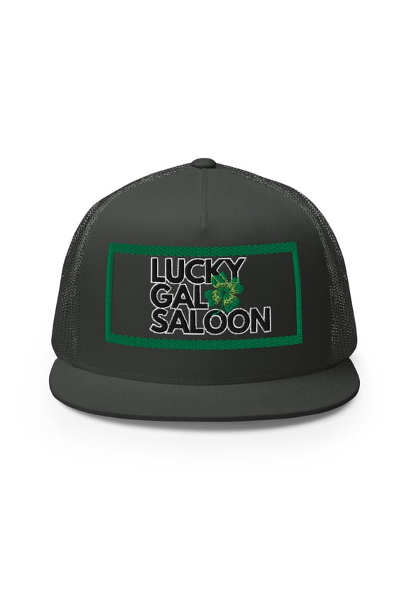 Lucky Gal Saloon St Patrick's Day Trucker Hat, White and Green Type Embroidery (Charcoal)