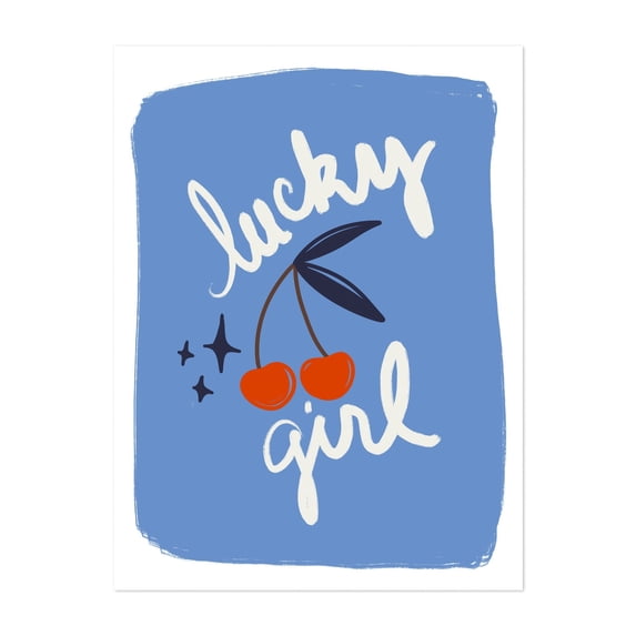 Lucky Girl - Illustration Typography Quote Fruit Modern Art Pop Art Whimsical Retro Unframed Wall Art Print 9 x 12 inches