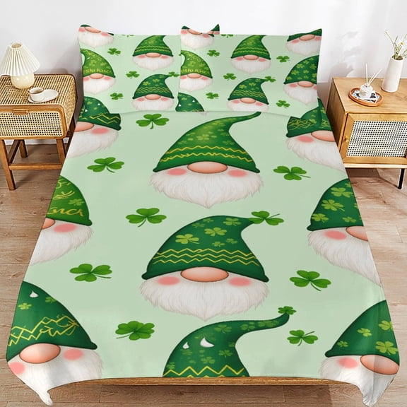 Lucky Gnomes Green Clovers St Patrick's Day Bedding Set Couple Bedclothes Pillowcase Home Textiles Bed 3pcs Set for Bedroom Customized Decoration King