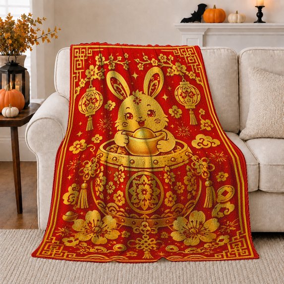 Lucky Golden Rabbit Ornate Bowl Lunar New Year, Cozy Friendship Quote Scene, Warm Flannel Blanket for Living Room and Reading Nook, Art Lovers Friendship Gift, Playful Home Decor