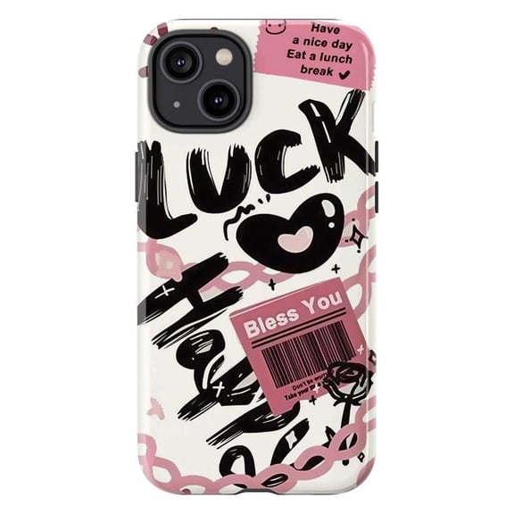 Lucky Graffiti Aesthetic Phone Case, Bless You Pink Barcode Design iPhone Cover, Trendy Street Style Art Print for iPhone 17 16 15 14 13 12 11 Pro Plus Mini