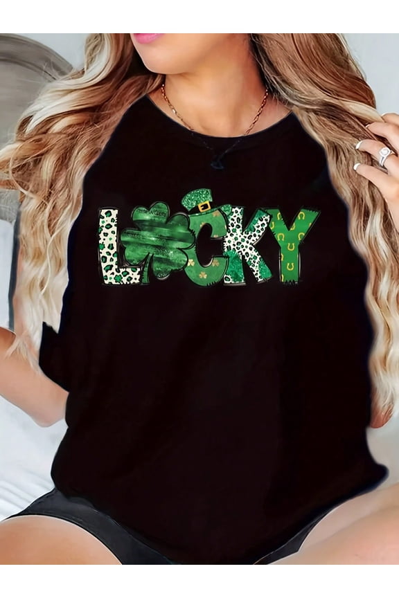 Lucky Green Clover Leopard Print Women Casual Short Sleeve Graphic T-Shirt