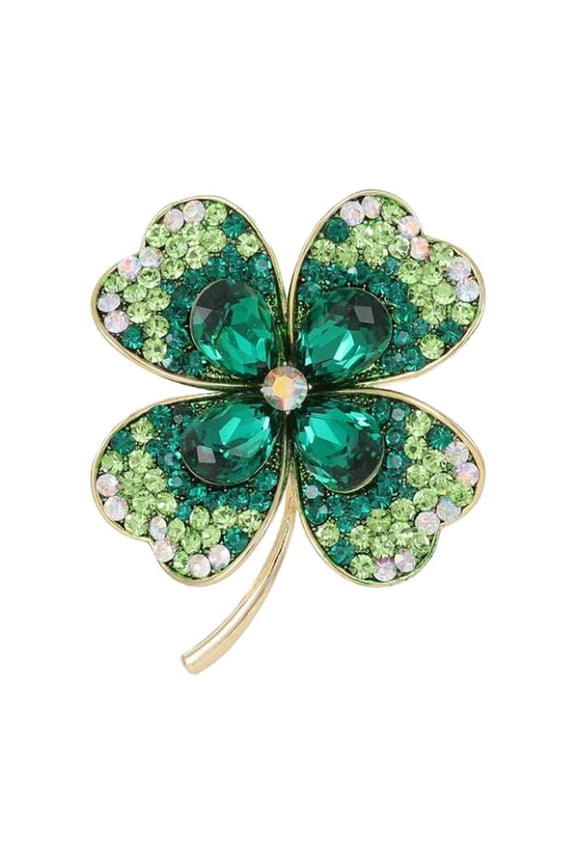 Lucky Green Four-Leaf Clover Brooch, Rhinestone Green Clover Leaf Brooch Pin, Lucky CZ Four Irish Shamrock L Leaf Rhinestone
