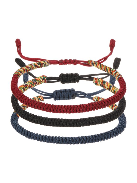 Lucky Handmade Braided Rope String Bracelet, 3pcs Round Adjustable Prayer Protection Bracelet for Family Women Anniversary Jewelry, Black/Navy Blue/Wine Red (Mix Color Series)