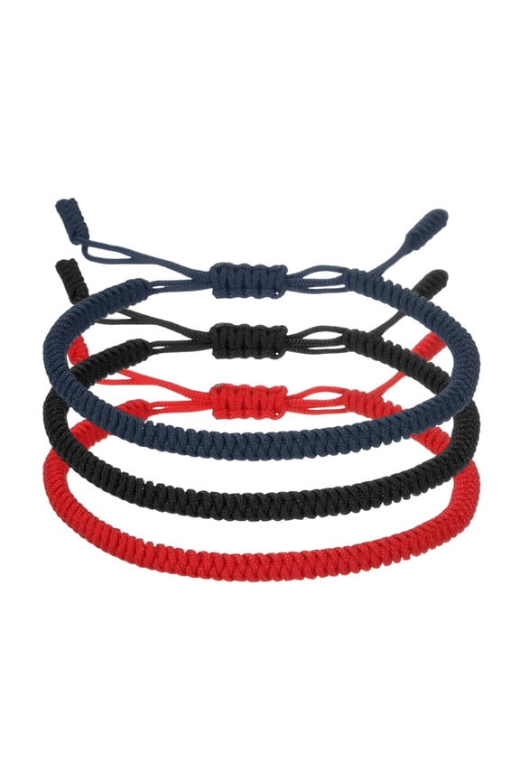 Lucky Handmade Braided Rope String Bracelet, 3pcs Round Adjustable Prayer Protection Bracelet for Family Women Anniversary Jewelry Gifts, Black/Navy Blue/Red (Solid Color Series)