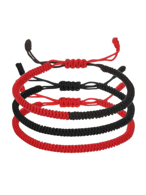 Lucky Handmade Braided Rope String Bracelet, 3pcs Round Adjustable Prayer Protection Bracelet for Family Women Anniversary Jewelry Gifts, Red/Black/Red (Solid Color Series)