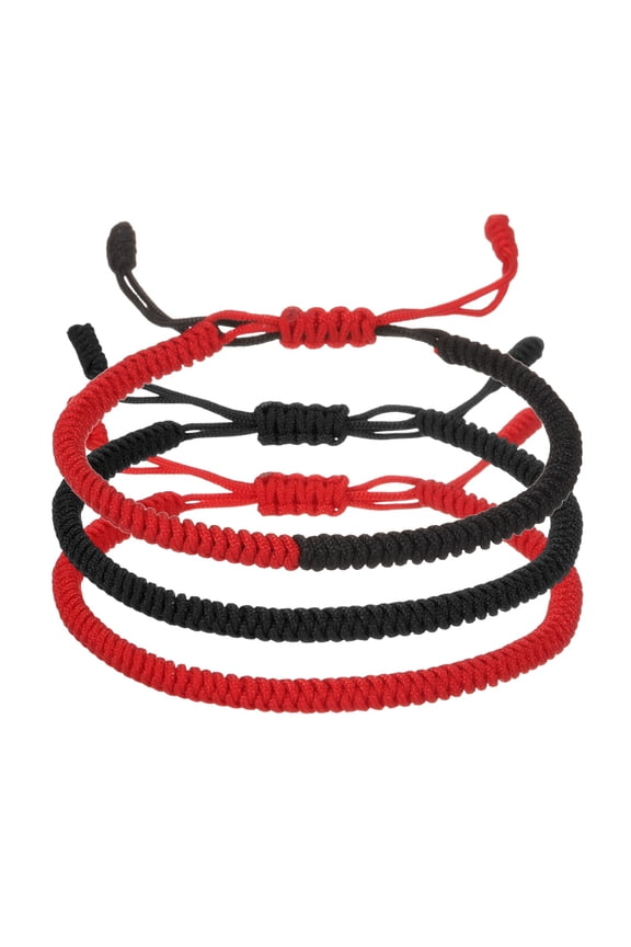 Lucky Handmade Braided Rope String Bracelet, 3pcs Round Adjustable Prayer Protection Bracelet for Family Women Anniversary Jewelry Gifts, Red/Black/Red (Solid Color Series)