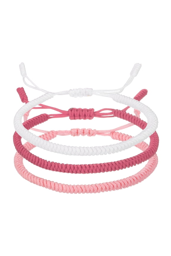 Lucky Handmade Braided Rope String Bracelet, 3pcs Round Adjustable Prayer Protection Bracelet for Family Women Anniversary Jewelry Gifts, White/Pink/Dark Pink (Solid Color Series)