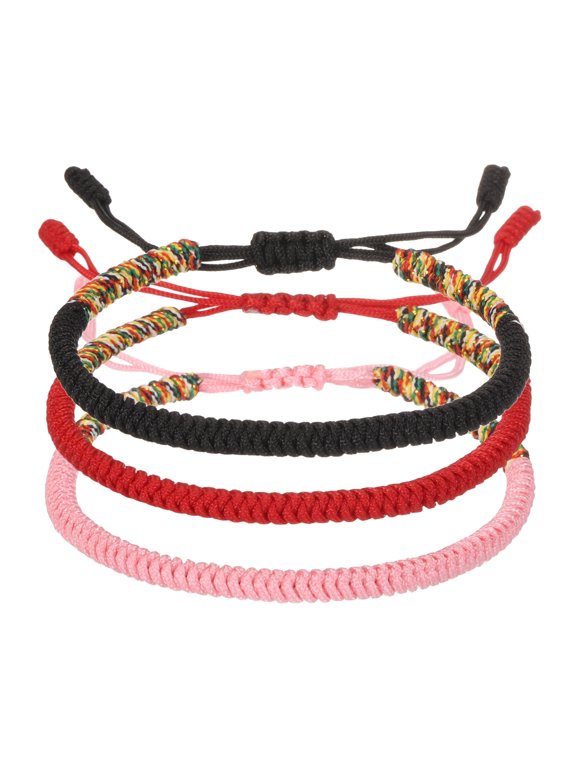 Lucky Handmade Braided Rope String Bracelet, 3pcs Round Adjustable Prayer Protection Bracelet for Family Women Anniversary Jewelry Gifts, Red/Pink/Black (Mix Color Series)