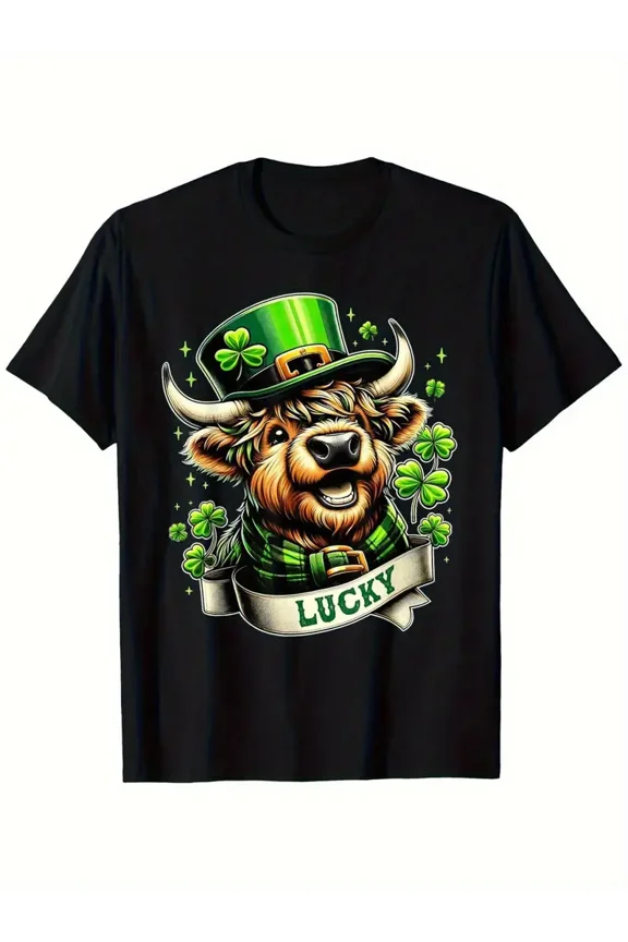 Lucky Highland Cow Shamrock Graphic Men & Women St. Patrick's Day Black Tee