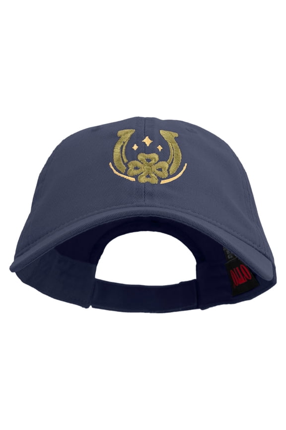 Lucky Horseshoe Clover Embroidered Garment Washed Cotton Twill Cap - Navy OSFM