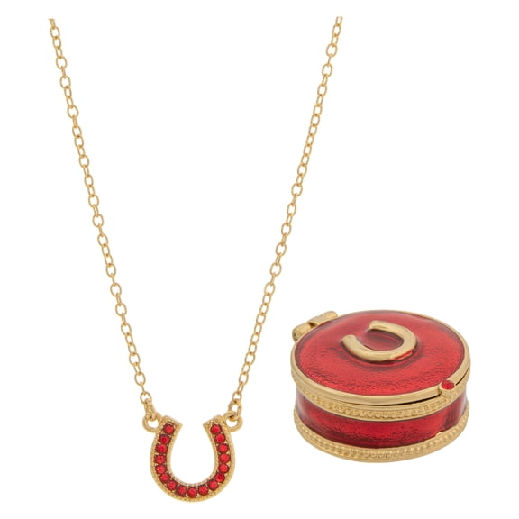 Lucky Horseshoe Pendant Necklace & Trinket Box - July Ruby Red Birthstone