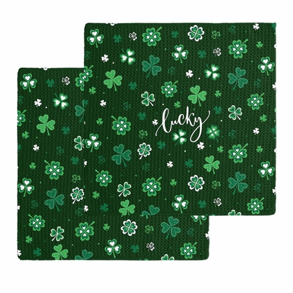 Lucky Ireland Dish Towels Set, Waffle Weave Kitchen Towels 2 Pieces, St. Patrick's Day Spring Shamrock Green Microfiber Hair Face Bath Tea Towel Absorbent Quick Drying Cleaning Dish Cloths 12"x12"