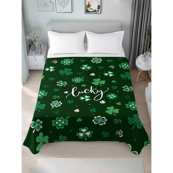 Lucky Ireland, Twim Size Flat Sheet, Wrinkleproof & Fadeproof Cooling Flat Bed Sheet Only, St. Patrick's Day Spring Shamrock Green Breathable Soft Bedding Top Sheets 66 x 96 Inches