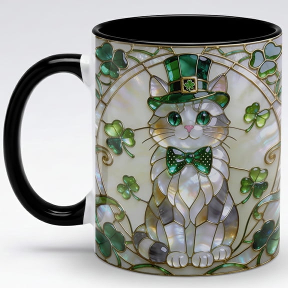 Lucky Irish Cat Ceramic Mug - Stained Glass Shamrock Kitty Coffee Cup, Faux 3D Jewel Tone Artwork Mug