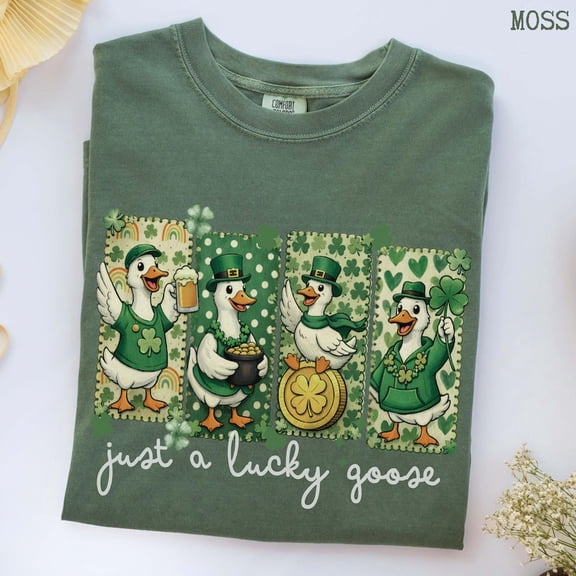 Just A Lucky Goose St Patrick’s Day Irish Goose Shamrock Graphic Tee Irish Holiday Humor Comfort Colors Unisex Cotton T-Shirt, Sizes S-3XL
