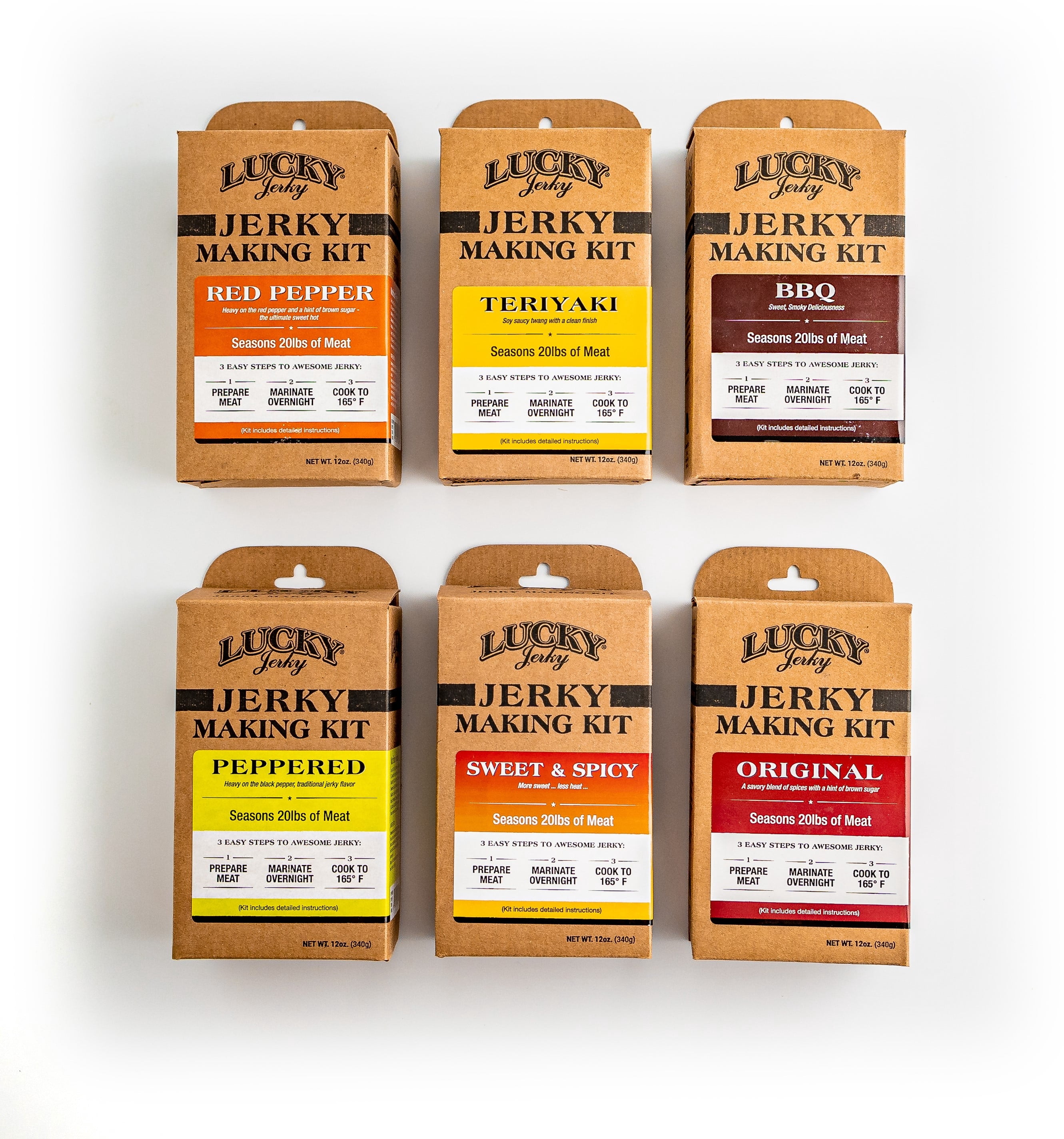 Lucky Jerky DIY Mixed Case - 6 Flavors, Makes 120 lbs of Jerky - Peppered, Teriyaki, Original, Red Pepper, BBQ, Sweet & Spicy