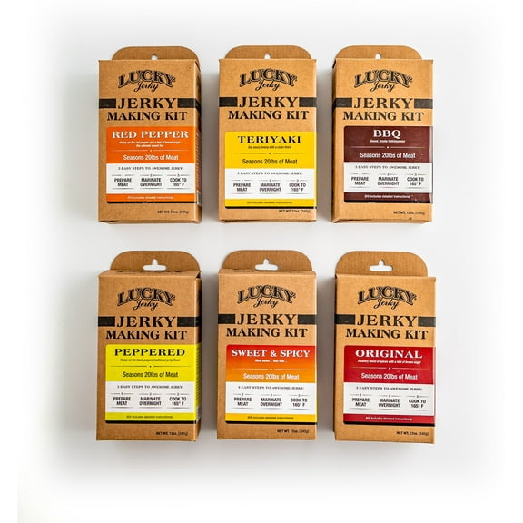 Lucky Jerky DIY Mixed Case - 6 Flavors, Makes 120 lbs of Jerky - Peppered, Teriyaki, Original, Red Pepper, BBQ, Sweet & Spicy
