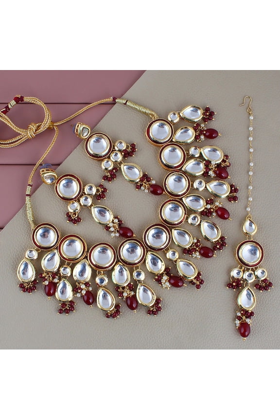 Back Meenakari Stone Bollywood Style Handcrafted Indian Jewelry 18k Gold Plated Maroon Color Tika Earring Combo Uncut Big Faux Kundan Choker Necklace Set