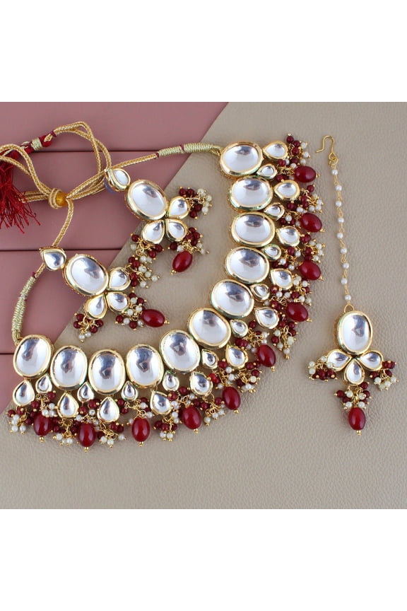 Back Meenakari Stone Bollywood Style Handcrafted Indian Jewelry 18k Gold Plated Maroon Color Tika Earring Combo Uncut Big Faux Kundan Choker Necklace Set