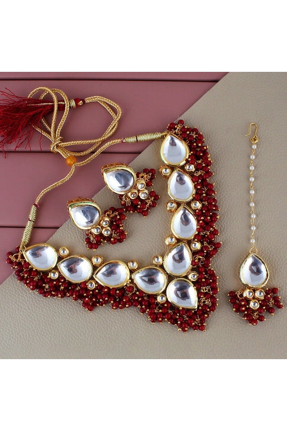Back Meenakari Stone Bollywood Style Handcrafted Indian Jewelry 18k Gold Plated Maroon Color Tika Earring Combo Uncut Big Faux Kundan Choker Necklace Set Mughal Pakistani Jewelry