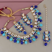Lucky Jewellery Back Meenakari Stone Bollywood Style Handcrafted Indian Jewelry 18k Gold Plated Multi Color Tika Earring Combo Uncut Big Faux Kundan Choker Necklace Set Mughal Set