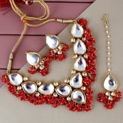 Lucky Jewellery Back Meenakari Stone Bollywood Style Handcrafted Indian Jewelry 18k Gold Plated Red Color Tika Earring Combo Uncut Big Faux Kundan Choker Necklace Set Mughal Pakistani Jewelry