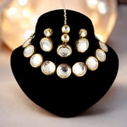 Lucky Jewellery Back Meenakari Stone Bollywood Style Handcrafted Indian Jewelry 18k Gold Plated White Color Tika Earring Combo Set | Uncut Big Round Kundan Stone Choker Necklace Set