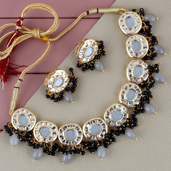 Lucky Jewellery Meenakari 18k Gold Plated Black Color Earring Combo Uncut Big Faux Kundan Choker Necklace Set Mughal Pakistani Jewelry (1010-J5SK-1816-BL)