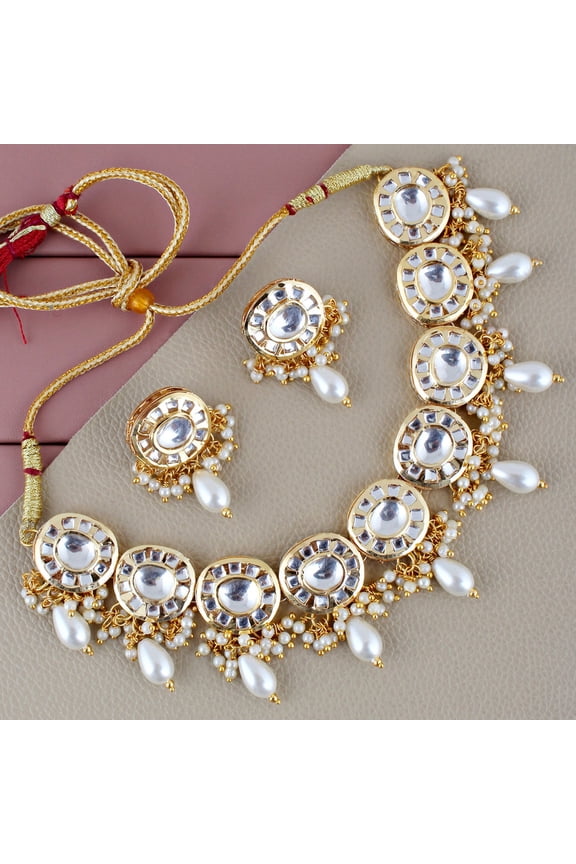 Meenakari 18k Gold Plated White Color Earring Combo Uncut Big Faux Kundan Necklace Set Mughal Pakistani Jewelry (1010-J5SK-1816-W)