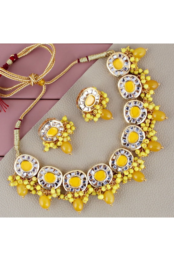 Meenakari 18k Gold Plated Yellow Color Earring Combo Uncut Big Faux Kundan Necklace Set Mughal Pakistani Jewelry (1010-J5SK-1816-Y)