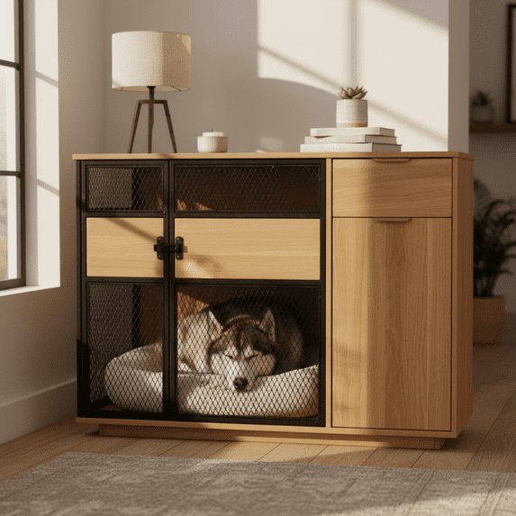 Lucky Kennels Clover Console 1-Door 48in Brown wood composite indoor furniture style dog crate