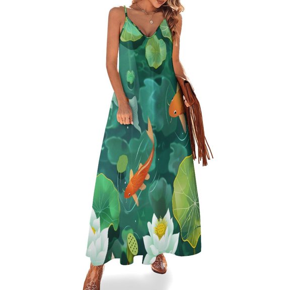 Lucky Koi Fish Lotus Leaf Fine Art Sleeveless Dress Summer Dress Woman 2025